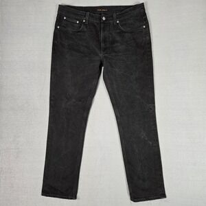 Nudie Lean Dean Jeans Mens 38x32 Black Dry Cold Black Slim Tapered Denim Italy